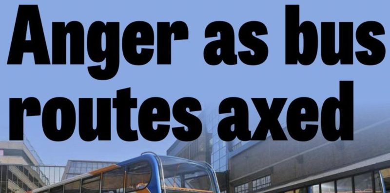 Front page of paper with headline: anger as bus routes axed